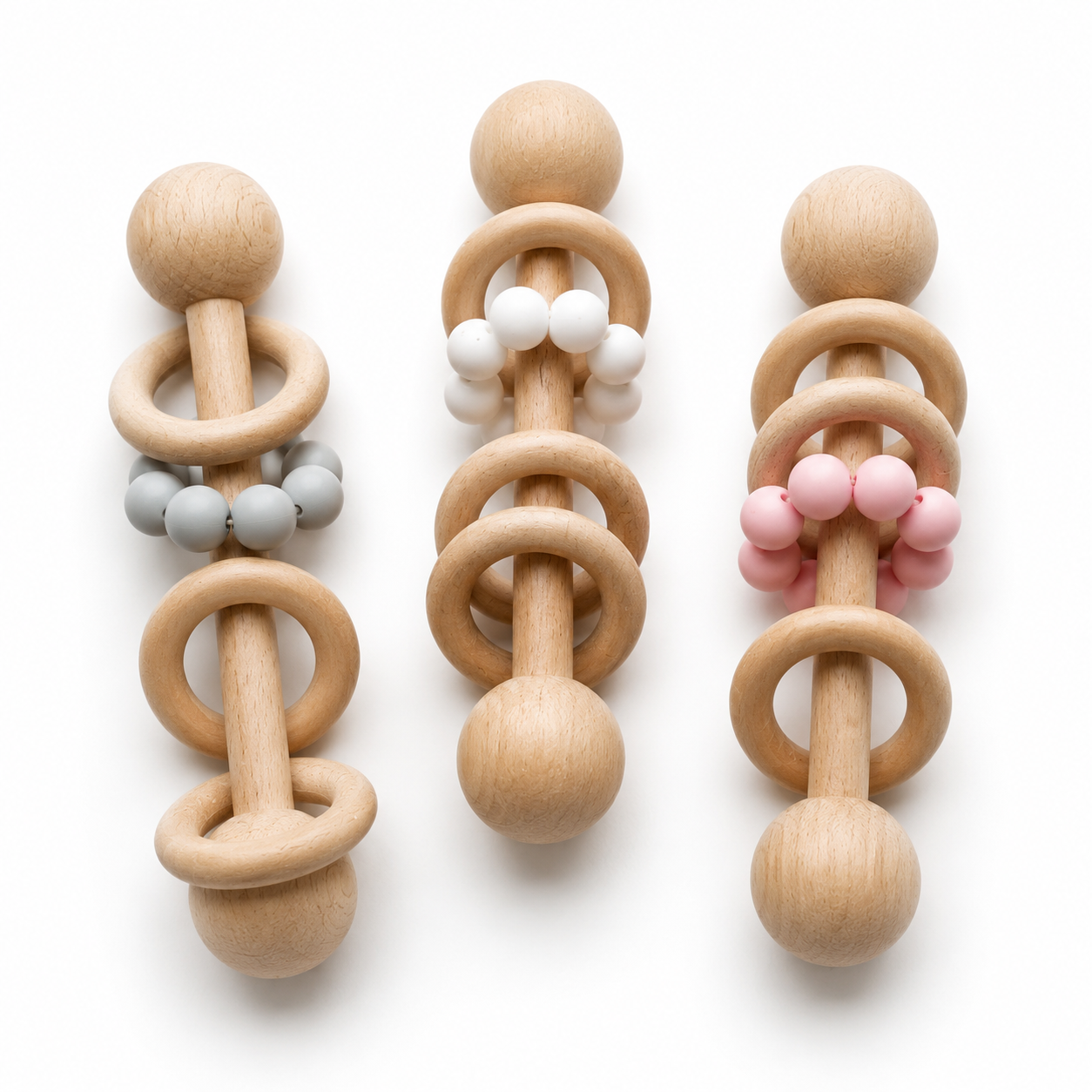 Silicone Wood Teething Rattle Toys: White